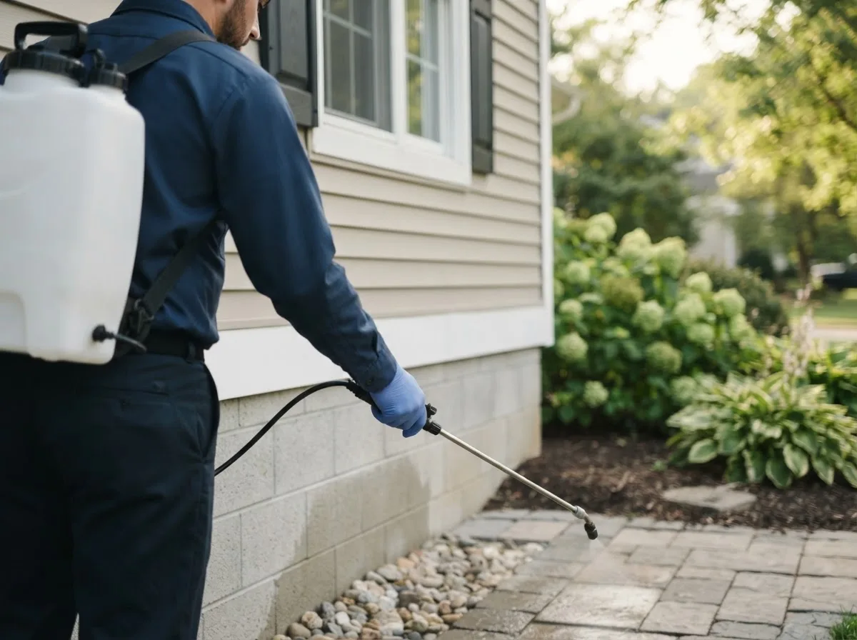 Pest control technician inspecting a home in Herbster, WI